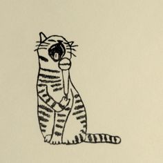 a drawing of a cat sitting on the ground with its mouth open and tongue out