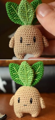 two pictures of stuffed animals made out of crocheted material, one with a leaf on its head and the other with eyes closed