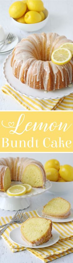 lemon bundt cake on a plate with lemons in the background and two slices cut out