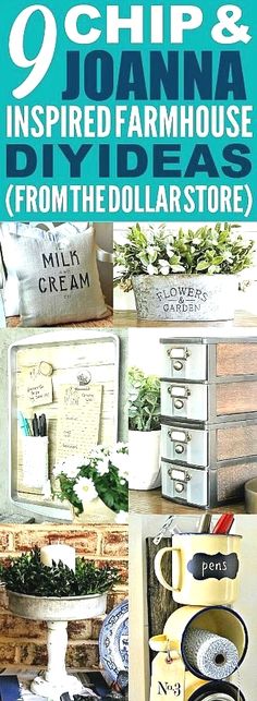 there are many different items on display in this collage with the words 9 cheap and inspired farmhouse diy ideas from the dollar store