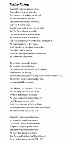 a poem written in black and white with the words talking turkeys on it's side