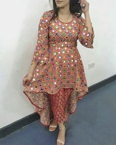 Work Dress Designs, Langa Jacket, Mirror Work Kurti Design, Neck Design For Kurti, Mirror Work Kurti, Mirror Work Dress, Design For Kurti, Mirror Work Embroidery, Pattu Langa