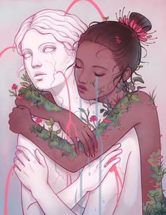 two women hugging each other in front of a pink background with flowers and leaves on it