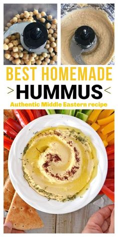 the best homemade hummus recipe is shown in this collage with different pictures and ingredients