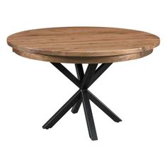 a round wooden table with black metal legs