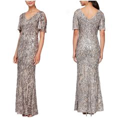 Pewter Sequins On Nude Tan Mesh. Fully Lined. Size: 18 Length: 61.5" Pit To Pit: 21" Waist: 17.5" Condition: Nwt, No Rips, No Stains, From Smoke Free Home. Flat Lay Measurements. Ships Within 24 Hrs Except Weekends! I Love Offers! Alex Evenings, Dress Gown, Flutter Sleeve Dress, Dress Ideas, Flutter Sleeve, Flat Lay, Sleeve Dress, Gowns Dresses, Cold Shoulder