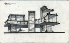 an architectural drawing of a building with stairs and balconies