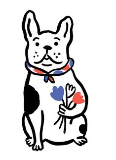 a drawing of a dog holding a flower