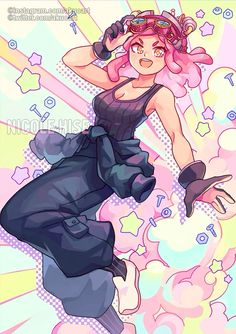 an anime character with pink hair and black pants is dancing in front of colorful background