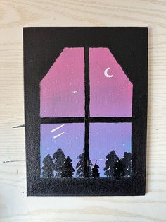 a painting of an open window with trees and the moon in the sky behind it