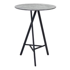 a round table with black legs and a white marble tabletop on the top, against a white background