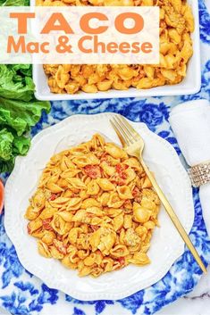 a white plate topped with macaroni and cheese next to a bowl of pasta