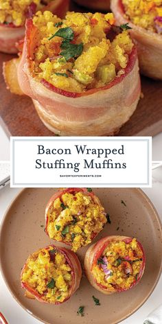 bacon wrapped stuffed stuffed muffins on a plate