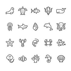 sea animals and marine life line icons