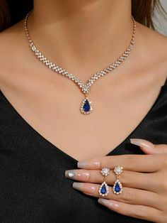 Royal Blue  Collar  Zinc Alloy   Embellished   Women's Fashion Jewelry Sangeet Jewellery, Blue Jewellery Set, Blue Sapphire Jewelry Set, Royal Blue Jewelry, Sapphire Jewelry Set, Quinceanera Jewelry, Blue Jewelry Set, Rachel James, Blue Sapphire Jewelry