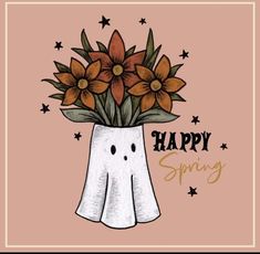 a happy spring card with orange flowers in a white vase and stars on the pink background