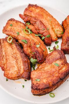 some meat is sitting on a white plate