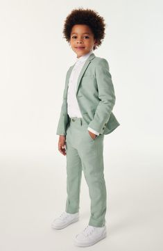 Your child will impress the grown-ups in this handsome suit jacket featuring a Ted Baker monogram-print lining. Two-button closure Chest welt pocket; front flap pockets; interior ticket pocket Lined 82% polyester, 17% viscose,1% elastane Machine wash, tumble dry Imported Sage Green Ring Bearer Suit, Preschool Graduation Outfit Boys, Toddler Boy Wedding Guest Outfit, Boys School Picture Outfits, Boys Wedding Guest Outfit, Baby Suits Boy, Kids Formal Outfits Boys, Boys Suit Outfit Ideas