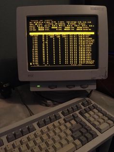 an old computer monitor sitting on top of a desk next to a keyboard and mouse