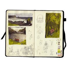 an open sketchbook with drawings and pictures on it's pages, including houses