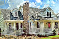 this is an artist's rendering of the front of a country house with porches