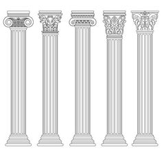 four classic greek columns in line art style with capital and floral decoration on the top