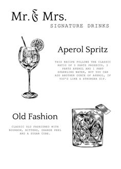 an old fashion cocktail menu for mr & mrs signature drinks, featuring aperol spritz and old fashion