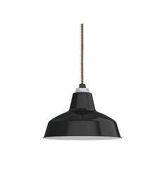 a black and white light hanging from a ceiling