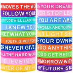 PRICES MAY VARY. Motivational Bracelet: Colorful elastic bracelets printed with different upbeat messages such as "Never give up," "Believe in yourself," "Let your light Shine," and "I knew You could Do it" add glamour, show your attitude, and make you look cool and chic Inspirational words design: the silicone wristbands are adorned with powerful messages to keep you inspired and motivated, let these inspirational words encourage you to move forward, give you strong power, they are colorful, ma Cheap Playful Bracelet Wristband, Personalized Multicolor Wristband, Cheap Colorful Adjustable Wristband, Playful Multicolor Wristband, Cheap Adjustable Colorful Wristband, Motivational Bracelets, Bracelet Stand, Bracelet Quotes, Rubber Bracelets