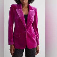 Express: Timeless Peak Lapel Boyfriend Style Blazer In A Luxurious Velvet Fabric Featuring Single Velvet Button Closure And Welt Hand/Chest Pockets, Straight Hem Line, And Fully Lined In A Beautiful Vibrant Fuchsia Pink. The Perfect Staple Piece For A Professional And Confident Look Whether You're Headed To The Office Or Happy Hour With Friends. (Size: S) *Nwt* Double Breasted Pinstripe Suit, Light Grey Blazer, Cream Blazer, Cropped Blazer Jacket, Style Blazer, Lapel Blazer, Single Button Blazer, Pinstripe Suit, Denim Blazer