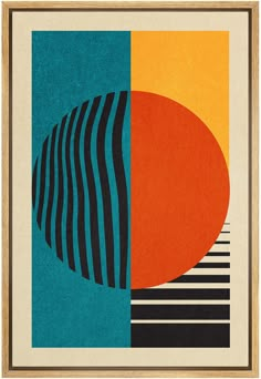 an orange and blue abstract painting with black stripes on the bottom, in a wooden frame