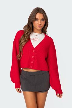 PRODUCT INFO Cardigan Puff sleeves Front button closure Chunky knit fabric Acrilan Model wears size S Model height is 5'8 Item care: Hand wash Big Sleeves, Classic Cardigan, Style Rock, Chunky Cardigan, Chunky Knit Cardigan, Red Cardigan, Crop Sweater, Cardigan Vest, Knit Crop