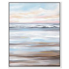 an abstract painting with white, blue and pink colors on the ocean shore at sunset