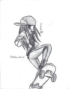 a drawing of a girl on a skateboard doing a trick with her hat and boots