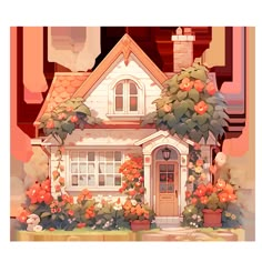 Cozy Cottage with Summer Flowers in Rustic and Cottagecore Style Sticker Cottagecore House Drawing, Small Aesthetic House Exterior, Drawing Of Cottage, Cute Home Drawing, Home Watercolor Illustration, House Drawing Aesthetic, Cute Cottage House Exterior, Cottage Cozy House, Flower House Drawing