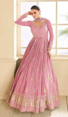 Jacquard Sequins Embroidery Work Party Wear Gown In Pink - 9850189976 Wedding Anarkali Dress, Eugeniya Belousova, Elegant Anarkali, Jacquard Gown, Lehenga Bridesmaid, Carnation Pink, Bridesmaid Saree