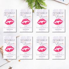 six cards with red lipstick on them and the words sparkle and shine written in white