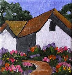 a painting of a house with flowers in the foreground