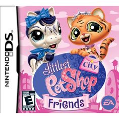 the littlest pet shop friends game for nintendo ds is shown in front of a pink background