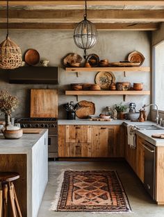 a kitchen with lots of wooden cabinets and shelves