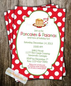 a red and white polka dot printable birthday party with pancakes and pajamas on it