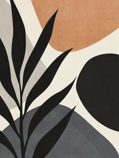 an abstract painting with black, orange and white shapes on it's surface is featured in the foreground