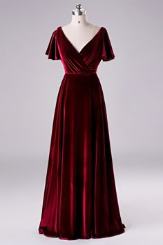 Burgundy Velvet Wrap Long Bridesmaid Dress with Flare Sleeves Red Purple Bridesmaid Dresses, Burgundy Vintage Dress, Purple Velvet Dress Long, Velvet Burgundy Bridesmaid Dress, Red Velvet Bridesmaid Dresses, Velvet Fabric Dress, Red Velvet Dress Long, White Velvet Dress, Maroon Velvet Dress