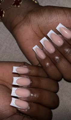 White Pattern French Tips, Nails Black Women French Tip, Long Frenchies Acrylic Nails, French Tip Nails With Design Black Women, French Tips Milky White, Nail Inspo Medium Length Square, French Tip Nail Styles, Double Lined French Tip Nails, Nail Inspiration Black Women