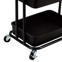 a black plastic utility cart with wheels and two trays on each side, isolated against a white background