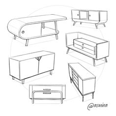 some furniture sketches are shown in black and white, including a desk, dresser, tv stand, and coffee table