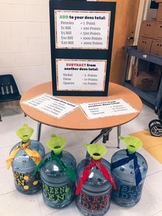 a table that has some water bottles on it and a sign in front of it