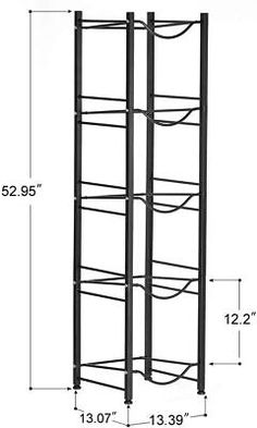 a tall metal rack with five shelves and measurements for each shelf, including the width