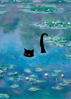 a painting of a black cat swimming in water with lily pads on the ground and sky behind it