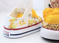 How adorable are these Bee inspired converse! The perfect shoe to complete the look! Please leave your name needed in the notebox during checkout Visit the tutu section or search bar for the matching outfit! If you are unsure of sizing please scroll to the last photos for our size charts, or visit our size charts here--> https://pinktoesnhairbows.com/pages/size-chart All sales are FINAL, Ship dates can be found directly on the listing, please view our policies in detail here---> https://pinktoes 1st Bee Day, Bee Shoes, Tutu Dress Costumes, Bling Converse, Bee Day, Girls Overalls, Girls Converse, Bee Inspired, Matching Outfit